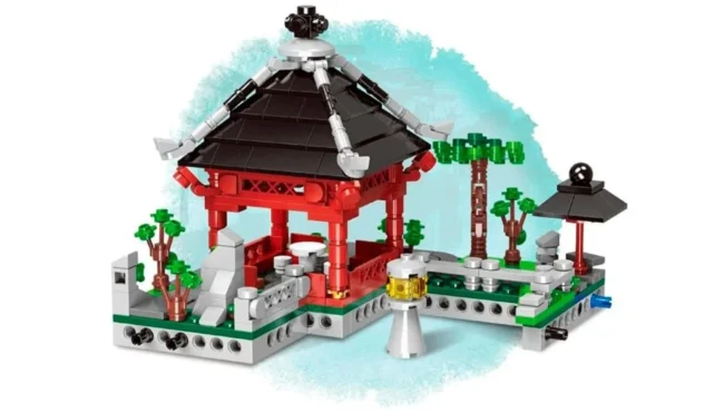 set-construccion-templo-japones-miniatura-ciudad Set de bloques de construcción de un templo oriental con tejado negro y detalles rojos, ideal para crear mundos en miniatura.