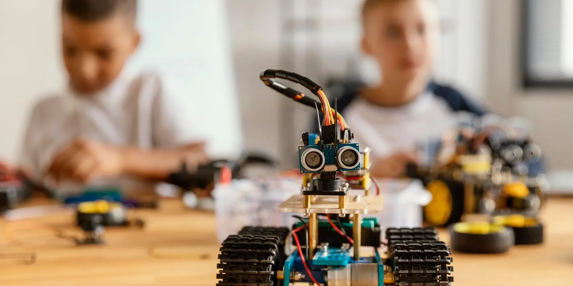 sets-bloques-tecnologicos-innovacion-2025 Robot de juguete construido con piezas de bloques, motores y sensores electrónicos en un taller de robótica educativa.