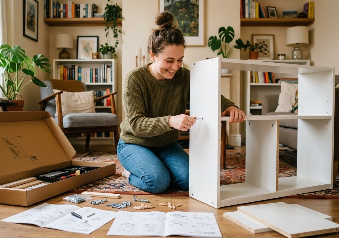 Mujer armando o construyendo un mueble con sus propias manos