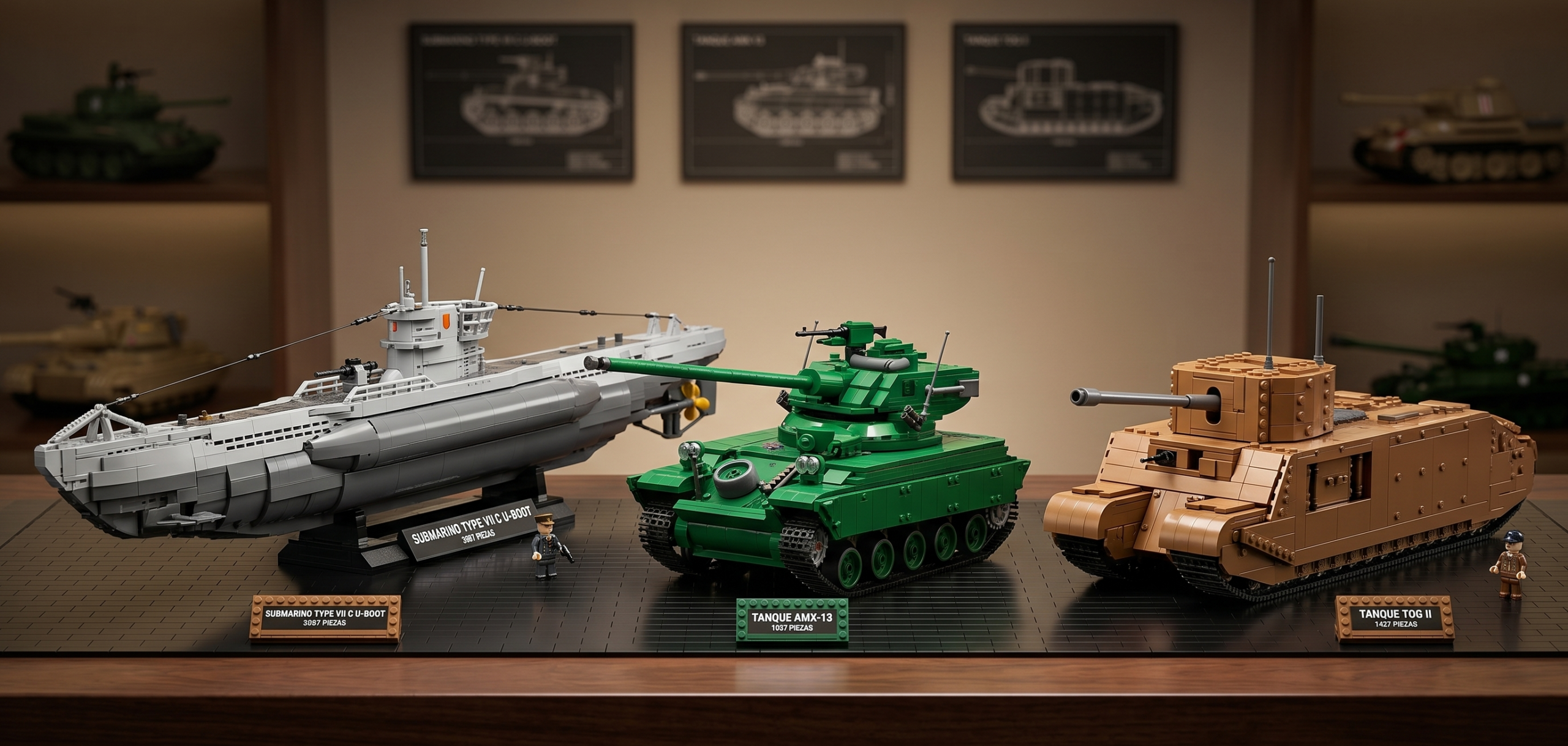 Modelos de juguete armables de Reobrix en exhibición, mostrando el Submarino U-Boot y los tanques AMX-13 y TOG II.