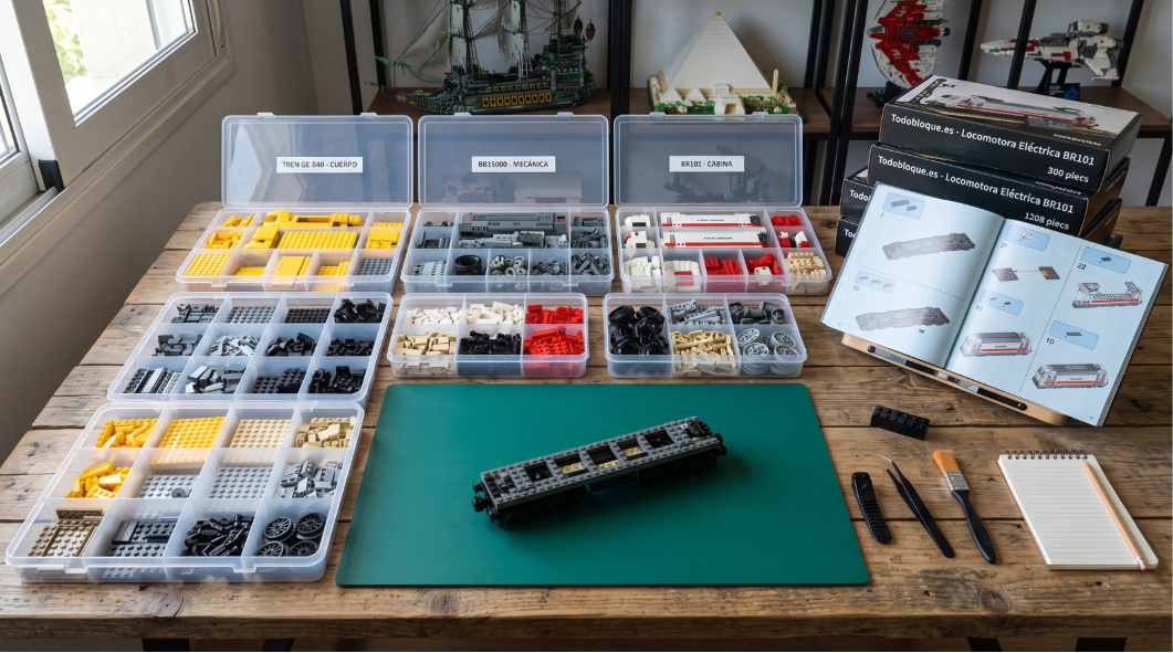Mesa con las piezas clasificadas antes de construir un set de bloques.