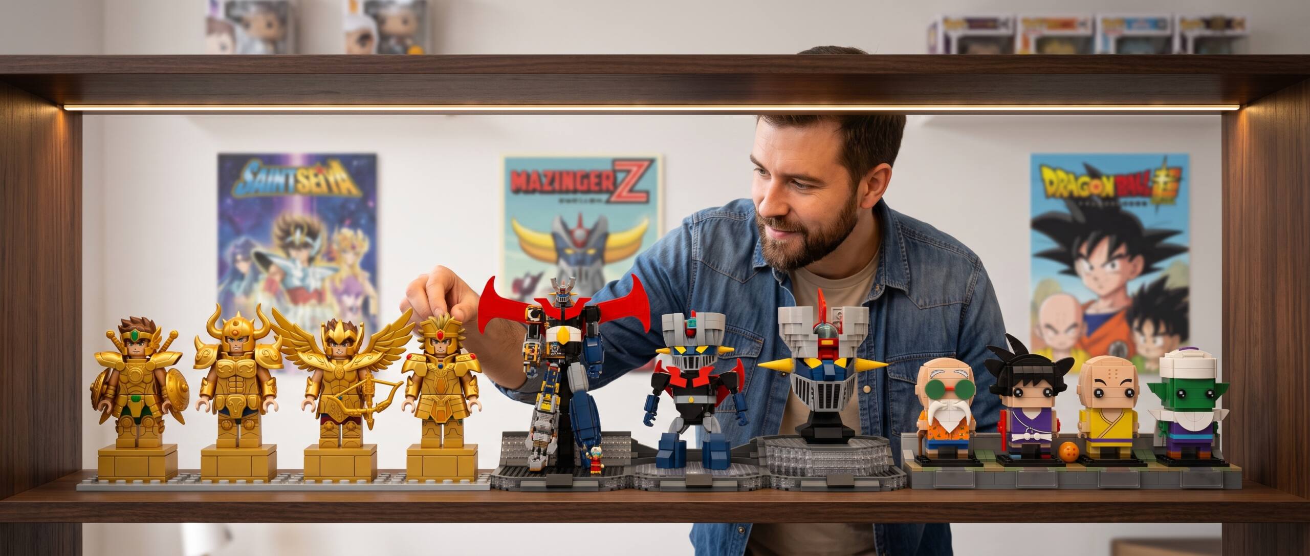 Hombre decorando su estantería con sets de anime de los 90s
