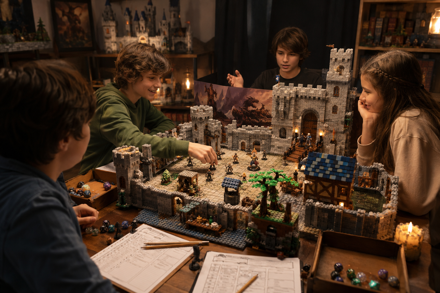 niños jugando D&D con decoracion NG Castillos