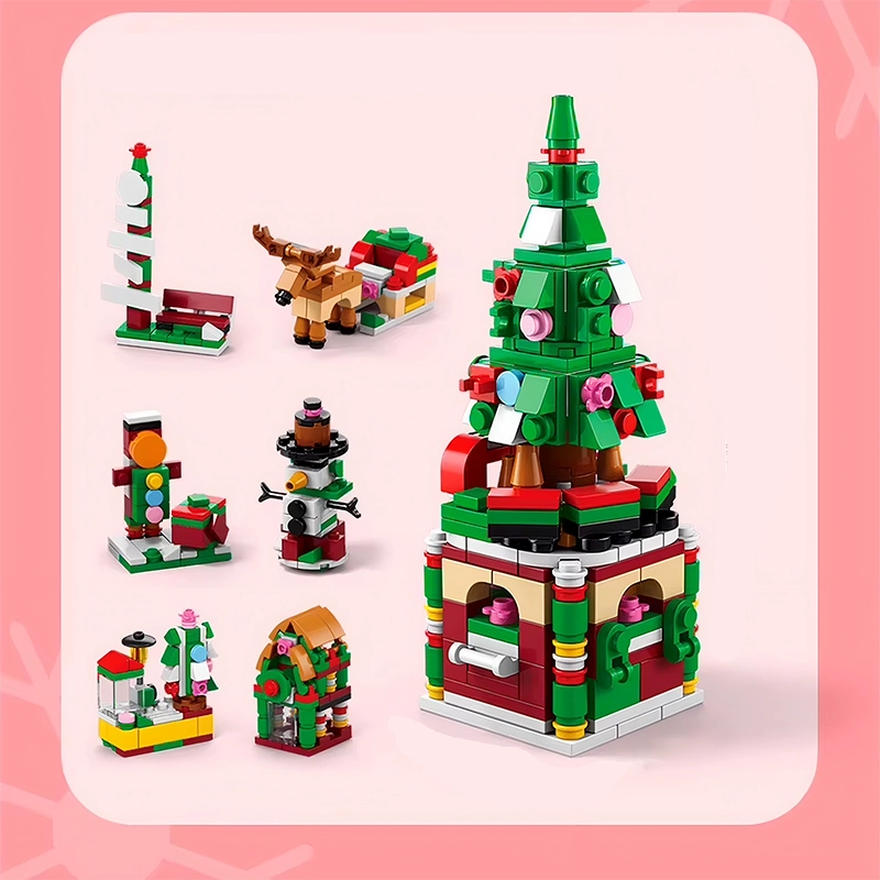 Árbol navideño de construcción con adornos de colores y base decorativa