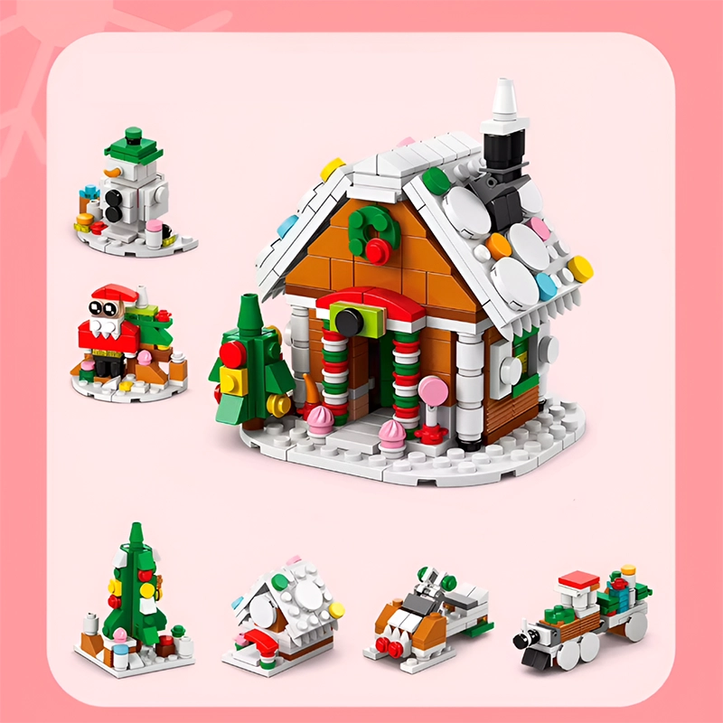 Casita navideña con tejado nevado y decoraciones de colores