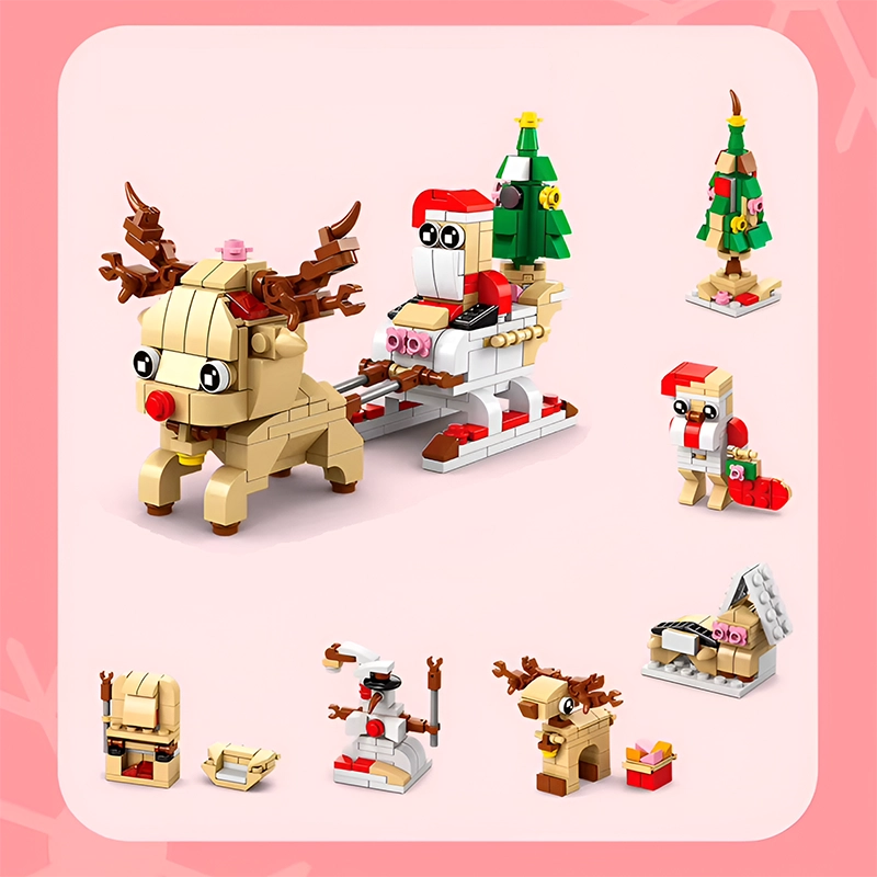 Reno navideño con trineo, Papá Noel y pequeños accesorios festivos
